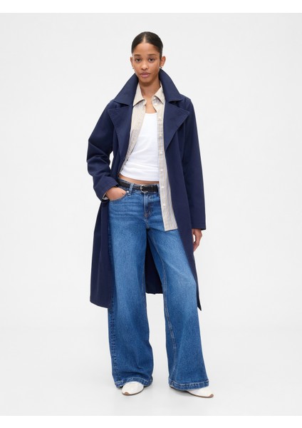 Kadın Lacivert Kuşaklı Twill Trençkot