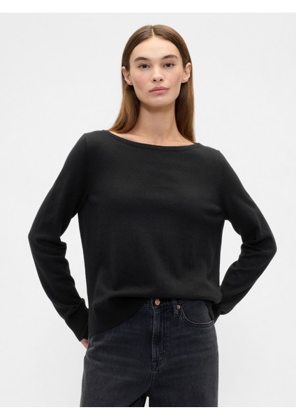 Kadın Siyah Relaxed Knit Sweatshirt