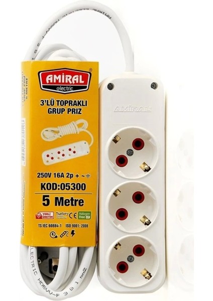 3 Lü Topraklı 5 Metre Kablolu Grup Priz (7272)