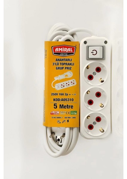 3 Lü Topraklı Anahtarlı 5 Metre Kablolu Grup Priz (7272)
