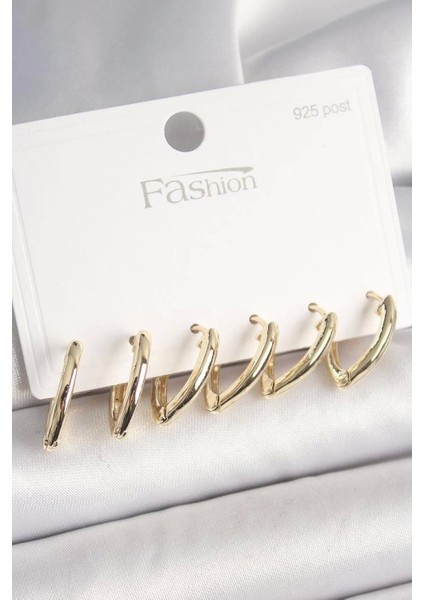 925 Ayar Gümüş Çivi Pirinç Gold Renk Üçgen Model Kadın Küpe Seti - BKP10415 (7272)