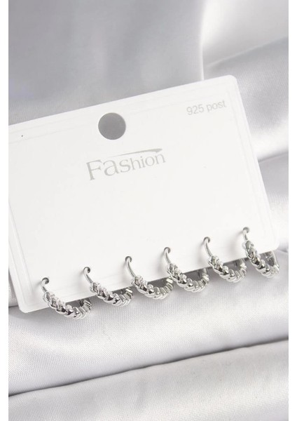 925 Ayar Gümüş Çivi Pirinç Gümüş Renk Kalp Işlemeli Halka Model Kadın Küpe Seti - BKP10412 (7272)