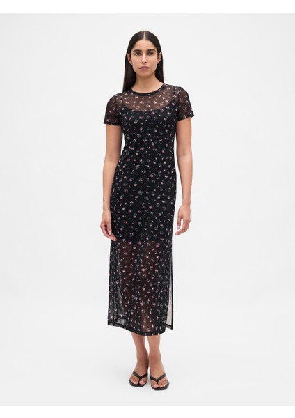Kadın Çiçek Desenli Mesh Maxi Elbise