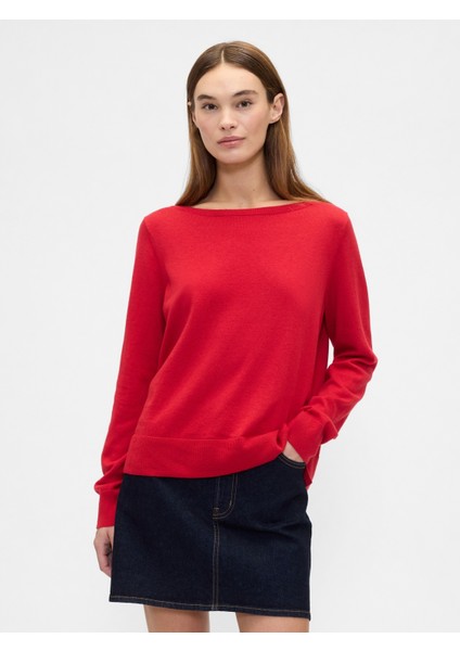 Kadın Kırmızı Relaxed Knit Sweatshirt
