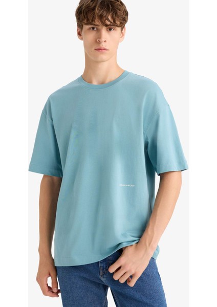 Boxy Fit Bisiklet Yaka Baskılı Kısa Kollu Tişört F5502AX25HS