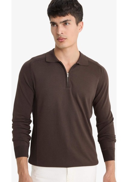 Standart Fit Polo Yaka Yarım Fermuarlı Premium Triko Kazak D0621AX25AU