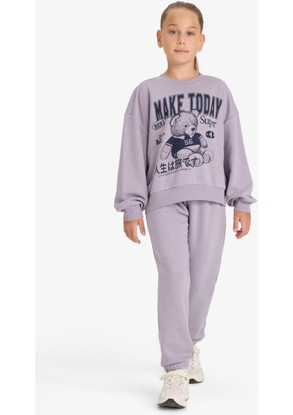 Kız Çocuk 2'li Takım Baskılı Sweatshirt Eşofman Altı E6416A825AU