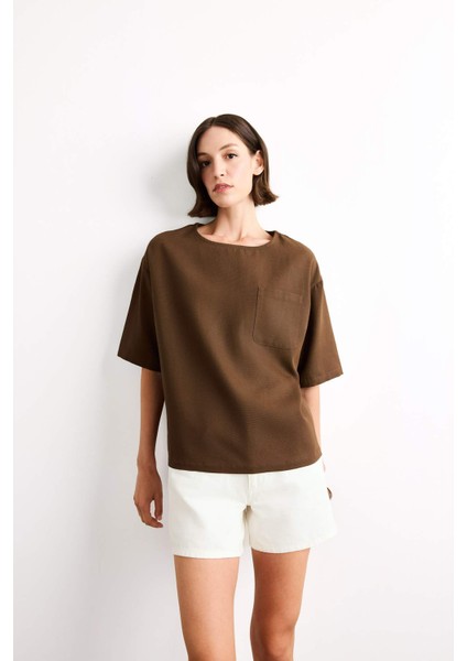 Relax Fit Bisiklet Yaka Dokuma Kısa Kollu Bluz G0434AX25SM modelleri