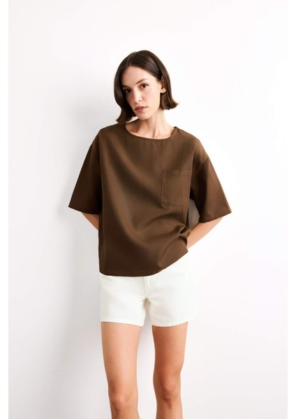 Relax Fit Bisiklet Yaka Dokuma Kısa Kollu Bluz G0434AX25SM fırsatları