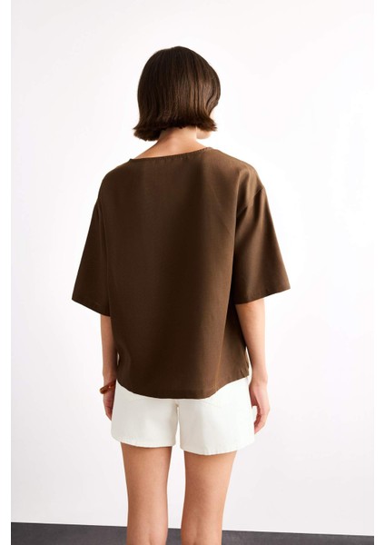 Relax Fit Bisiklet Yaka Dokuma Kısa Kollu Bluz G0434AX25SM