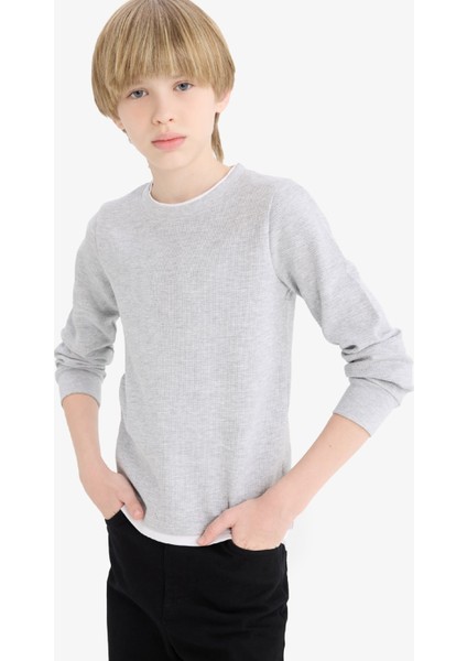 Erkek Çocuk Bisiklet Yaka Basic Düz Waffle Uzun Kollu Okul Tişörtü fırsatları