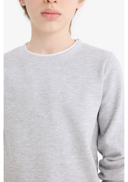 Erkek Çocuk Bisiklet Yaka Basic Düz Waffle Uzun Kollu Okul Tişörtü indirimleri