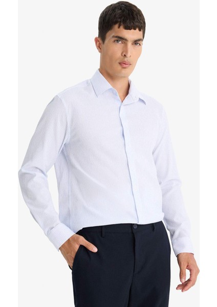 Modern Fit Polo Yaka Çizgili Krinkıl Uzun Kollu Gömlek E9053AX25AU indirimleri