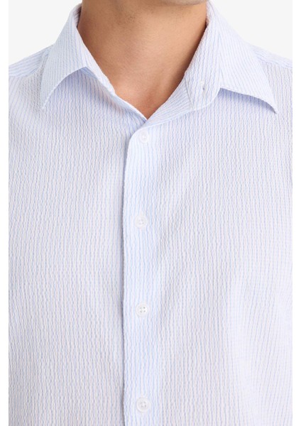 Modern Fit Polo Yaka Çizgili Krinkıl Uzun Kollu Gömlek E9053AX25AU