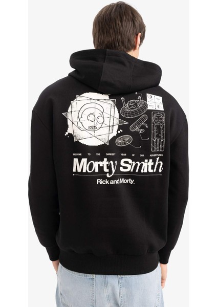 Rick and Morty Boxy Fit Kapüşonlu Sırt Baskılı Sweatshirt E9295AX25AU