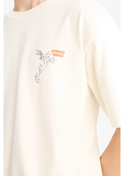 %100 Pamuk Looney Tunes Boxy Fit Rahat Kesim Bisiklet Yaka Sırt Baskılı Kısa Kollu Tişört E9311AX25AU