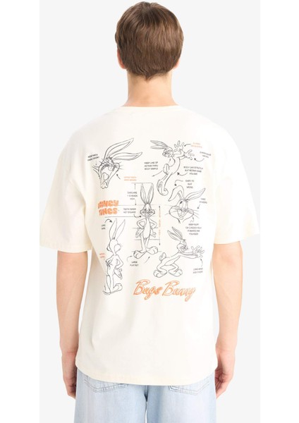 %100 Pamuk Looney Tunes Boxy Fit Rahat Kesim Bisiklet Yaka Sırt Baskılı Kısa Kollu Tişört E9311AX25AU