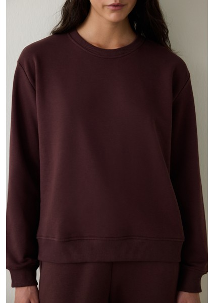 Kahverengi Bisiklet Yaka Oversize Spor Sweatshirt modelleri