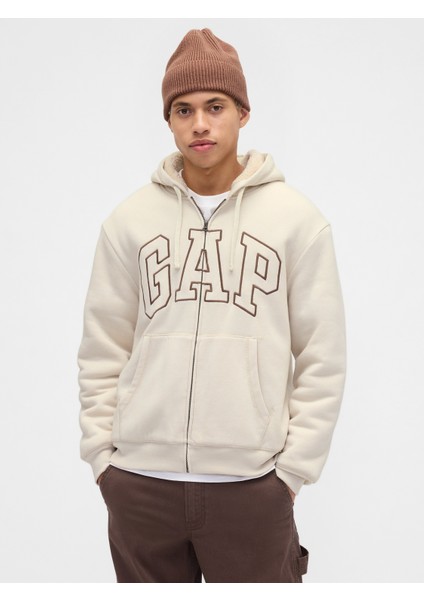 Erkek Krem Relaxed Gap Logo Sherpa Astarlı Fermuarlı Sweatshirt