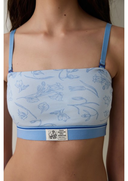 Açık Mavi Çiçek Desenli Pamuklu Balensiz Bandeau Sütyen - Inspired by Flora