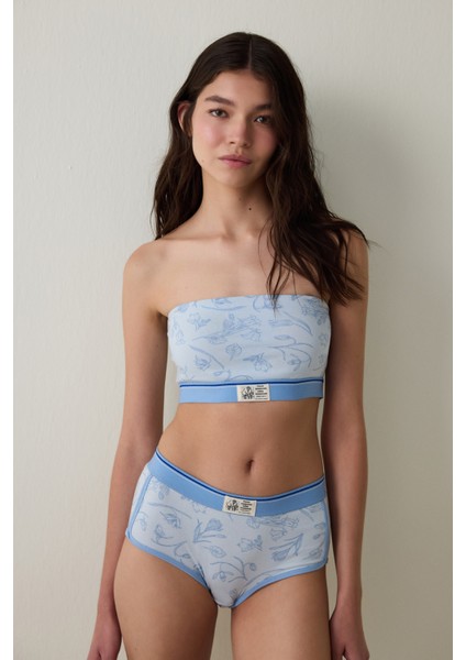 Açık Mavi Çiçek Desenli Pamuklu Balensiz Bandeau Sütyen - Inspired by Flora