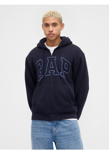 Erkek Lacivert Relaxed Gap Logo Sherpa Astarlı Fermuarlı Sweatshirt