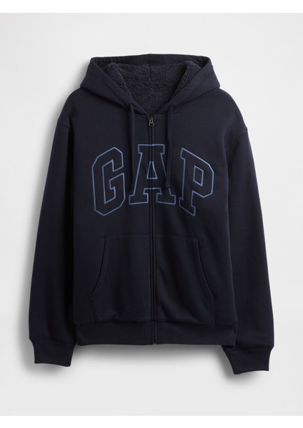 Erkek Lacivert Relaxed Gap Logo Sherpa Astarlı Fermuarlı Sweatshirt fiyatları