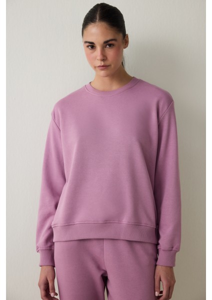 Lila Bisiklet Yaka Oversize Spor Sweatshirt