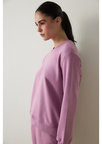 Lila Bisiklet Yaka Oversize Spor Sweatshirt