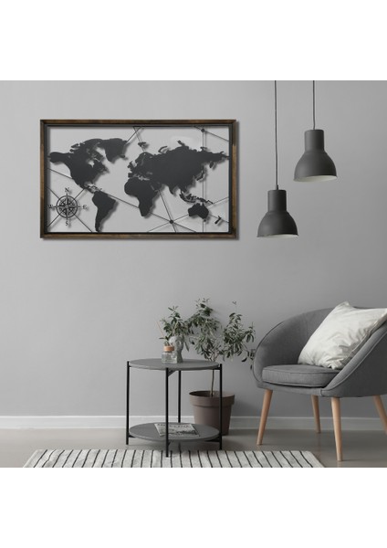 Lazer Kesim Metal Dünya Haritası Silüeti – Ahşap Çerçeveli Modern Tablo, Şık Duvar DEKORU52X85MTBL0011