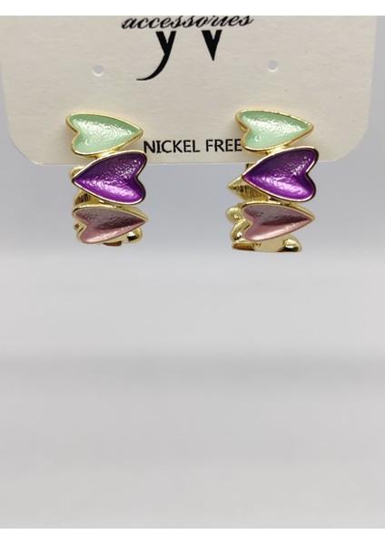 Çelik Halka Kalpli Küpe Yeşil Mor Pembe