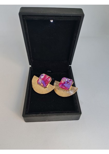 Çelik Yelpaze Figürlü Küpe Mor Doğal Taşlı