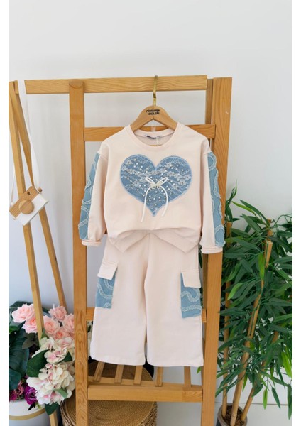 Kalp Pul Işleme Detaylı Kargo Cepli Kız Çocuk 2 li takım - Podra