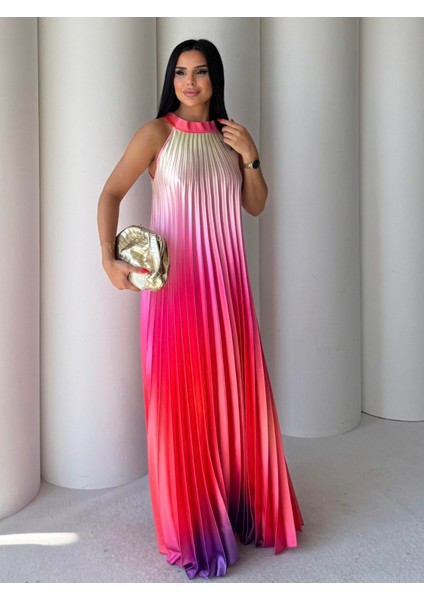 Twister Boyundan Bağlamalı Saten Elbise Sarı-Mor