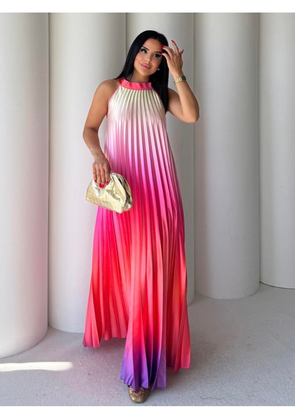 Twister Boyundan Bağlamalı Saten Elbise Sarı-Mor fırsatları