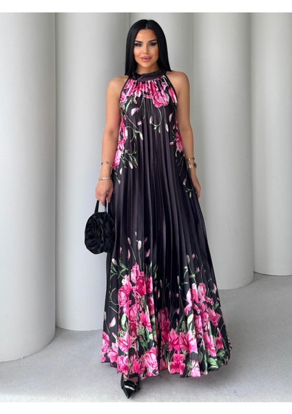 Yongi Boyundan Bağlamalı Çiçek Desenli Saten Elbise Siyah modelleri