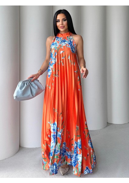 Yongi Boyundan Bağlamalı Çiçek Desenli Saten Elbise Turuncu