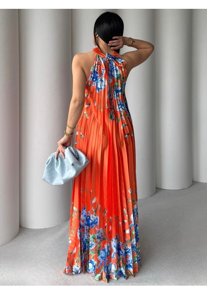 Yongi Boyundan Bağlamalı Çiçek Desenli Saten Elbise Turuncu fiyatları