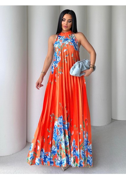 Yongi Boyundan Bağlamalı Çiçek Desenli Saten Elbise Turuncu modelleri