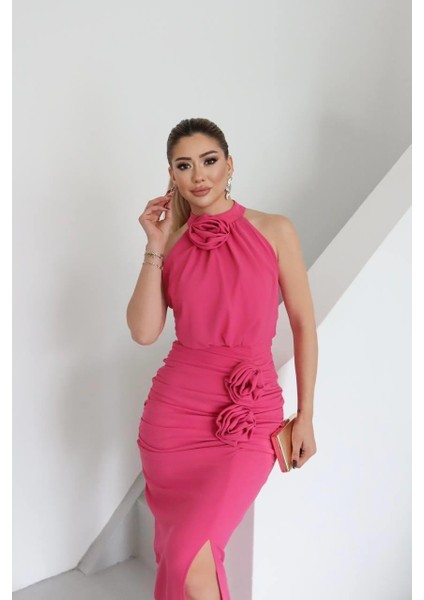 Molis Gül Detaylı Abiye Elbise Pembe