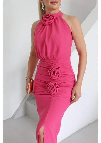 Molis Gül Detaylı Abiye Elbise Pembe modelleri