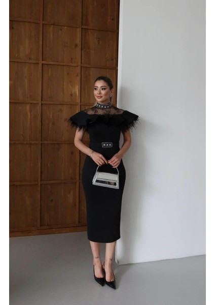 Nars Taş Detaylı Abiye Elbise Siyah