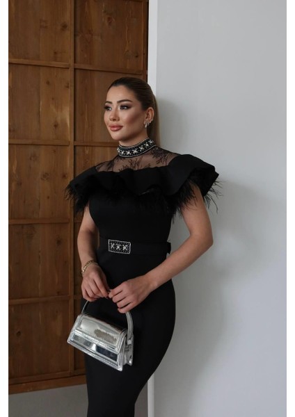 Nars Taş Detaylı Abiye Elbise Siyah fiyatları