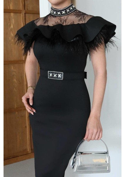 Nars Taş Detaylı Abiye Elbise Siyah modelleri