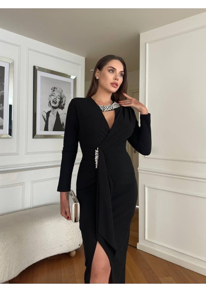Nosa Taş Detaylı Abiye Elbise Siyah