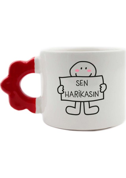 Sen Harikasın El Yapımı Krem Parlak Çiçek Kulp Kupa - El Işçiliği Hediyelik Kupa Bardak Mug