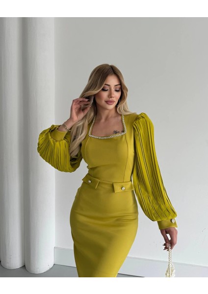 Midnight Taş Detaylı Abiye Elbise Yağ Yeşili fiyatları