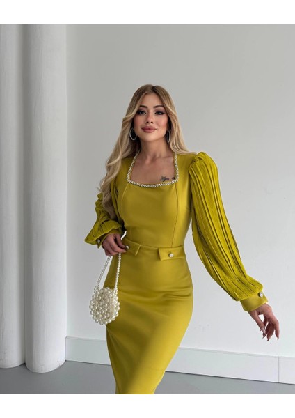 Midnight Taş Detaylı Abiye Elbise Yağ Yeşili modelleri