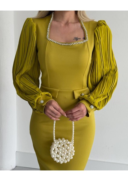 Midnight Taş Detaylı Abiye Elbise Yağ Yeşili fırsatları