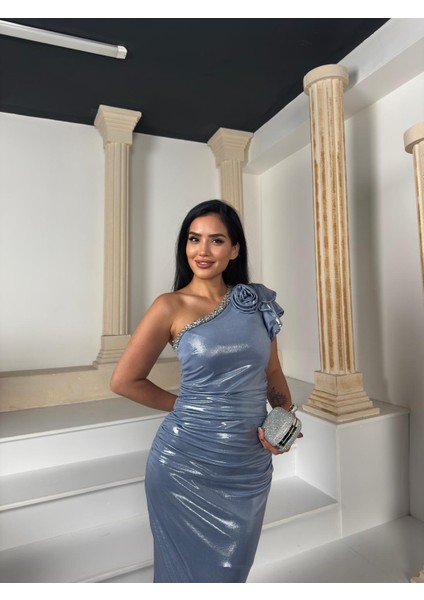 Dutties Taş Detaylı Parlak Abiye Elbise Mavi fırsatları